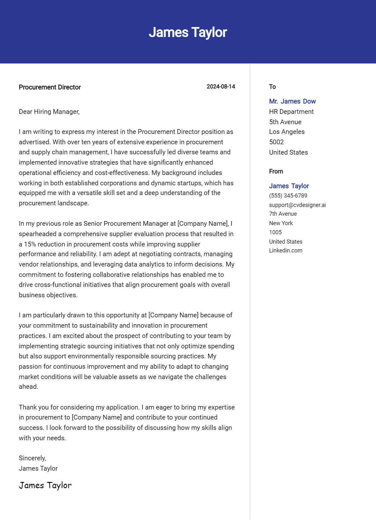 procurement director cover letter example