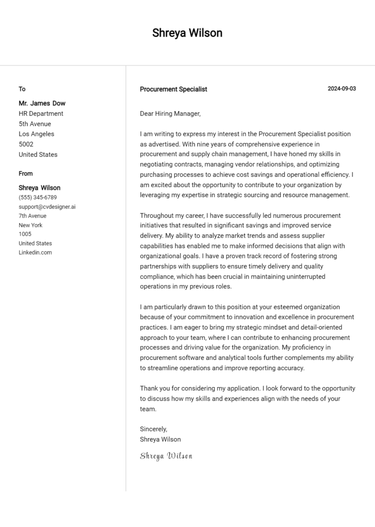 Procurement Specialist Cover Letter Example for 2025 (Complete Writing Guide)