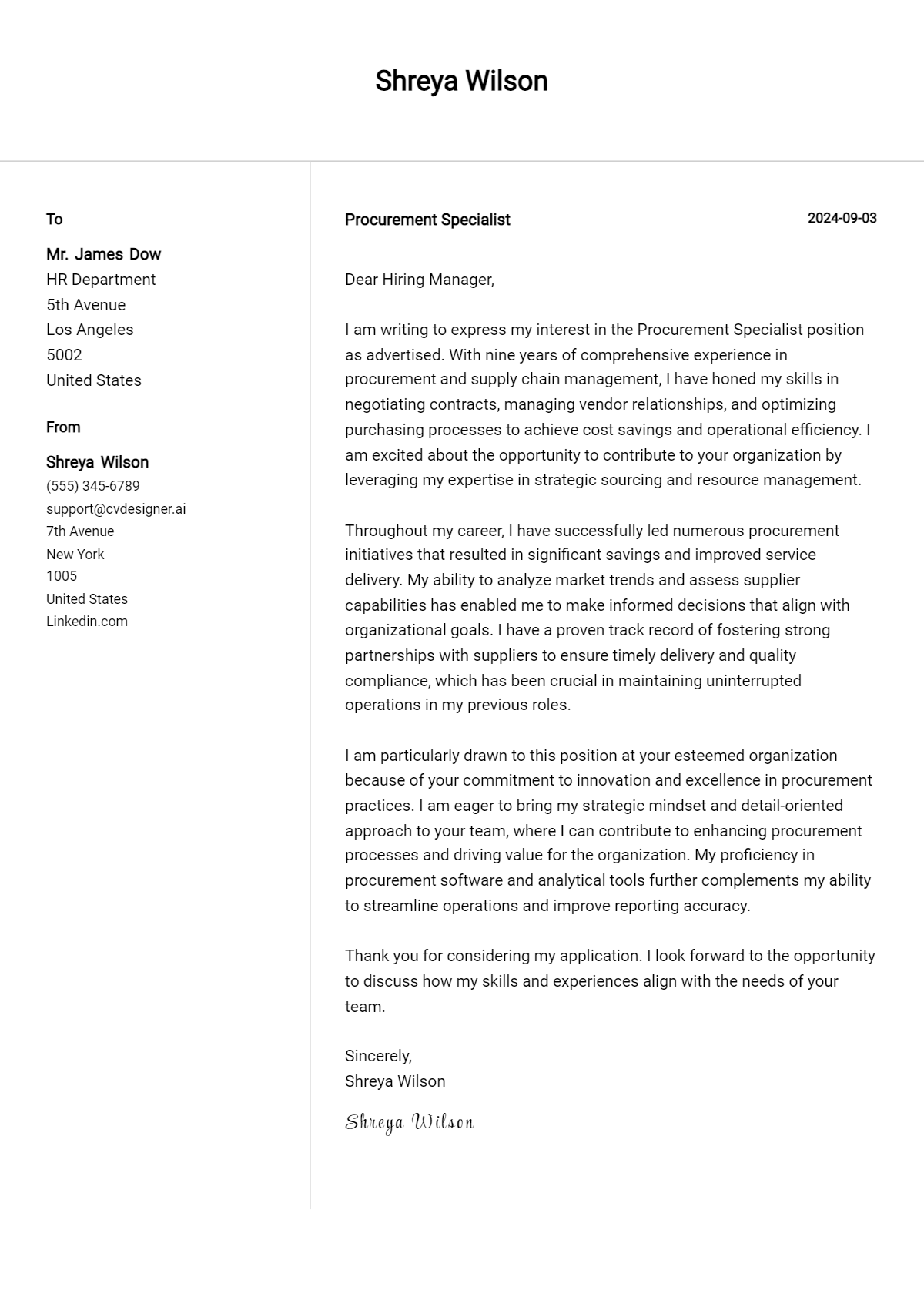 procurement specialist cover letter example
