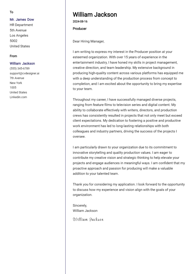 Producer Cover Letter Examples and Templates for 2025