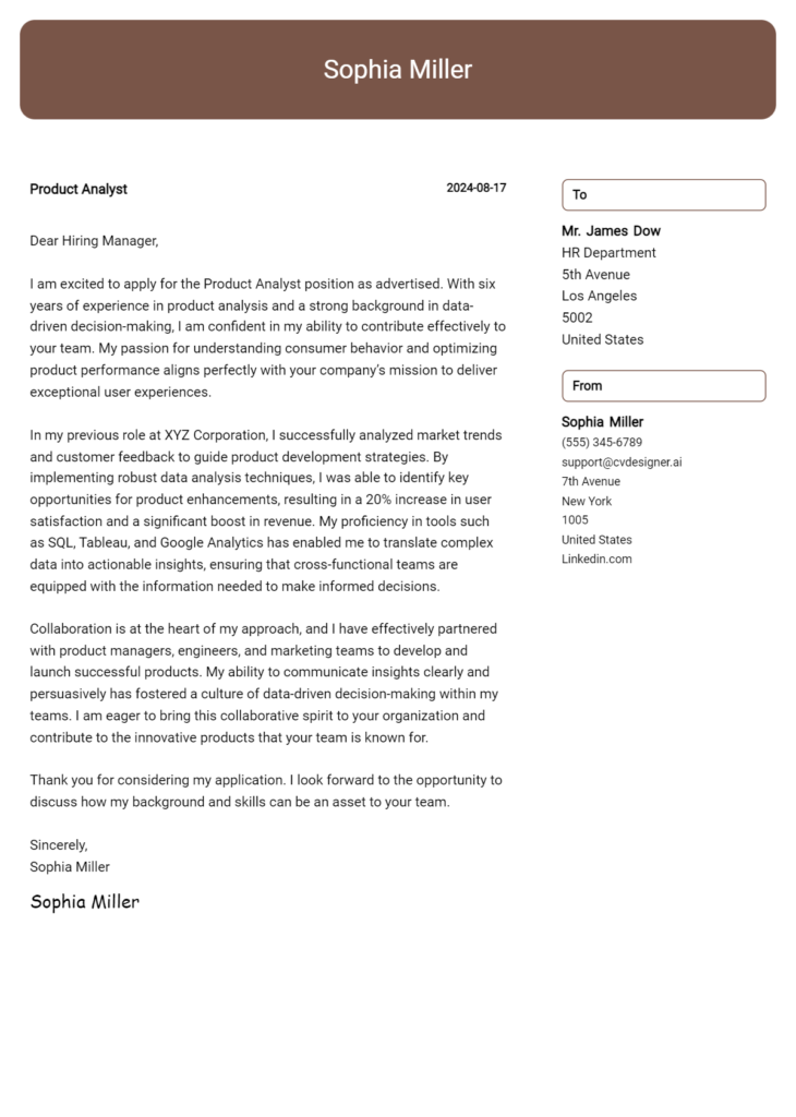 product analyst cover letter example