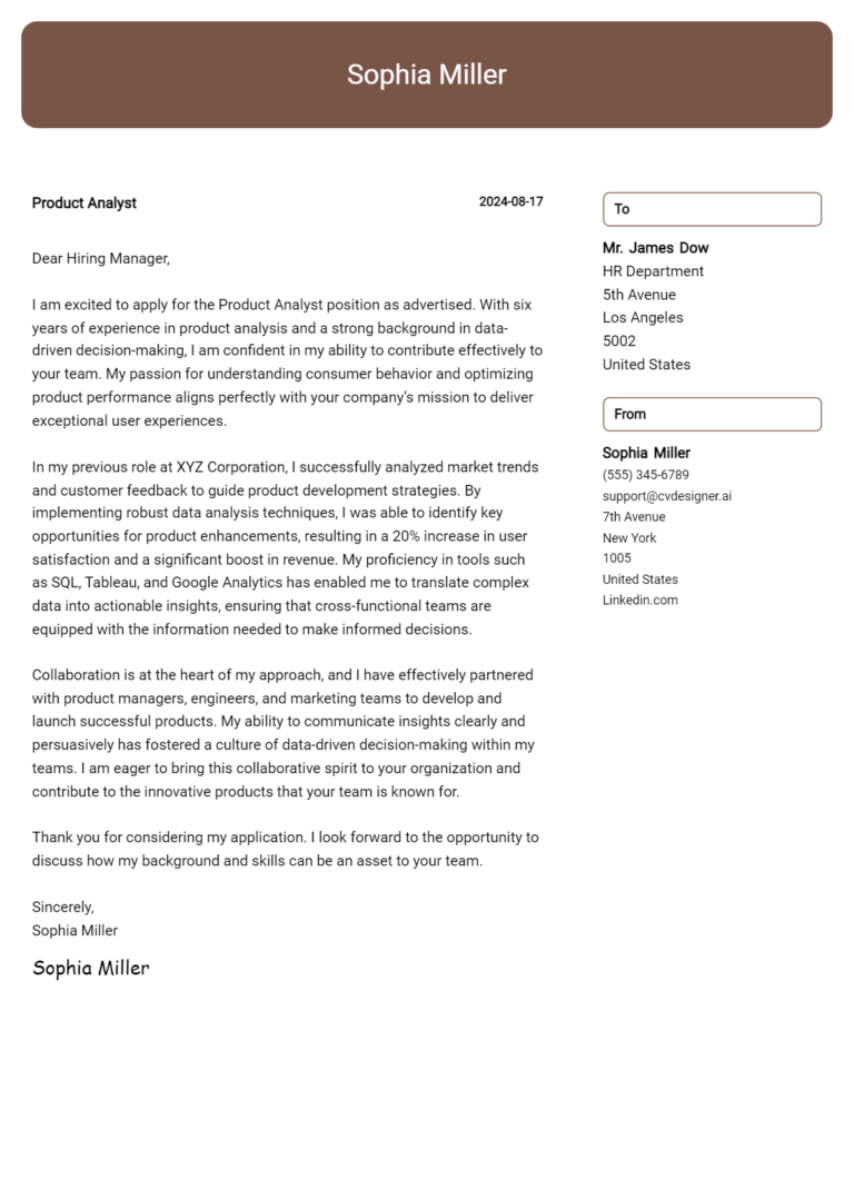 Product Analyst Cover Letter Example for 2025: Top CV Skills