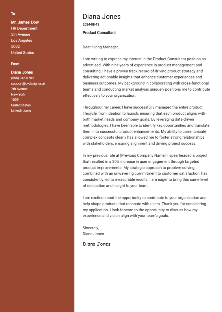 Product Consultant Cover Letter Examples for 2025 (Downloadable)