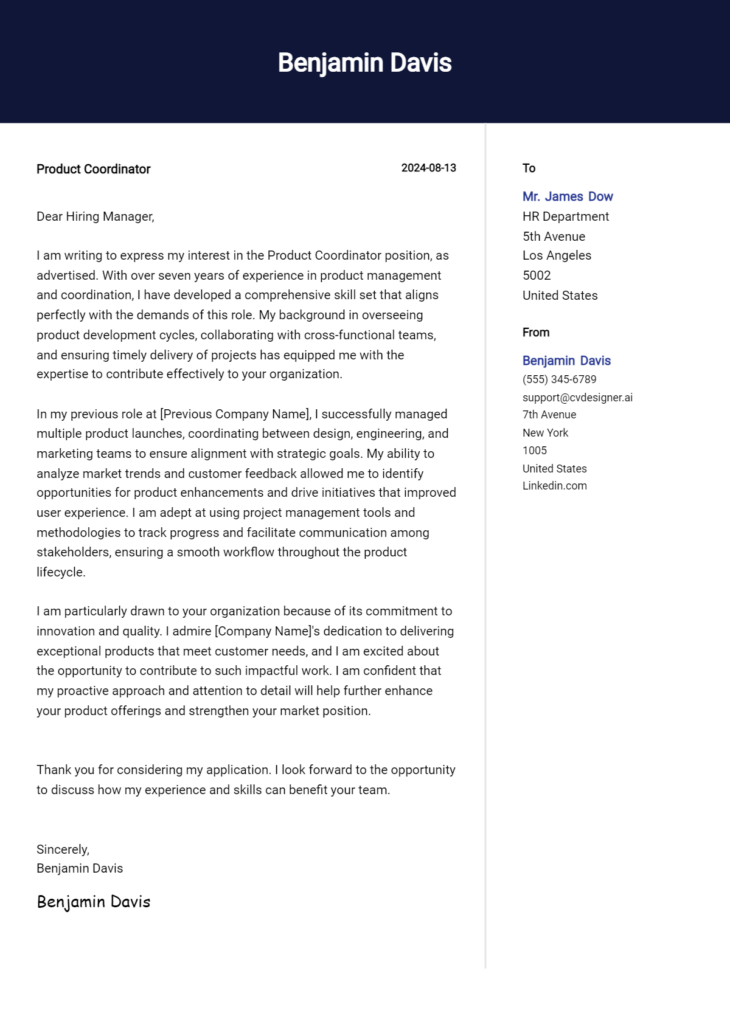 Product Coordinator Cover Letter Example For 2024 Writing Guide Cvdesigner Ai