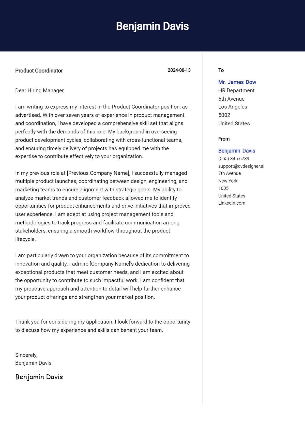 product coordinator cover letter example