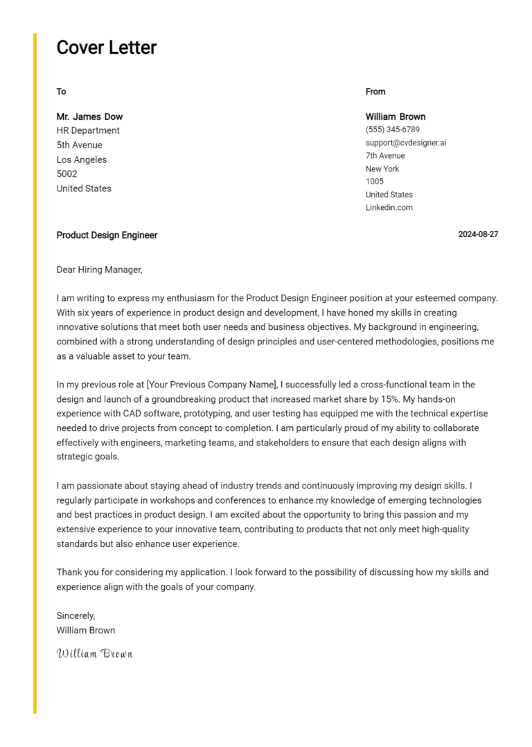 16 Product Design Engineer Cover Letter Examples for 2025: Tips & Templates