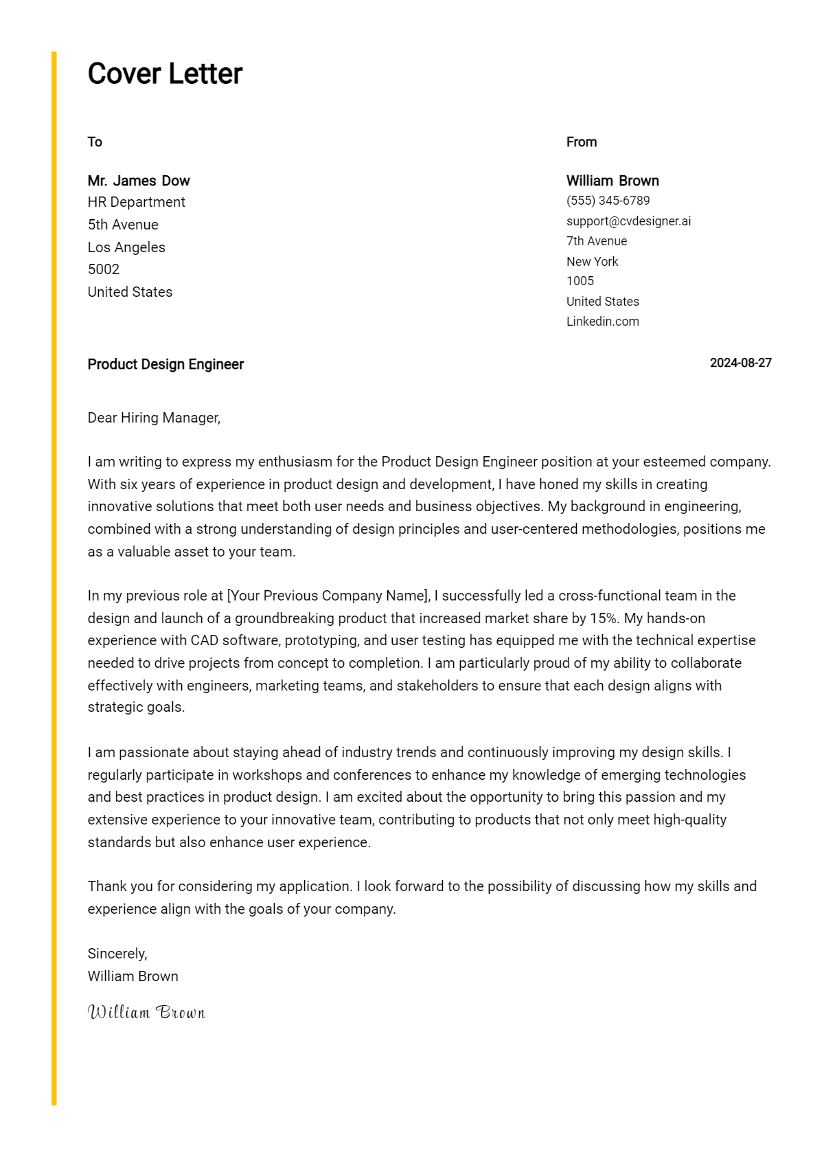 product design engineer cover letter example