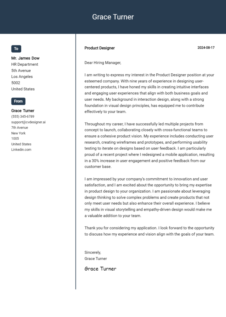 product designer cover letter example