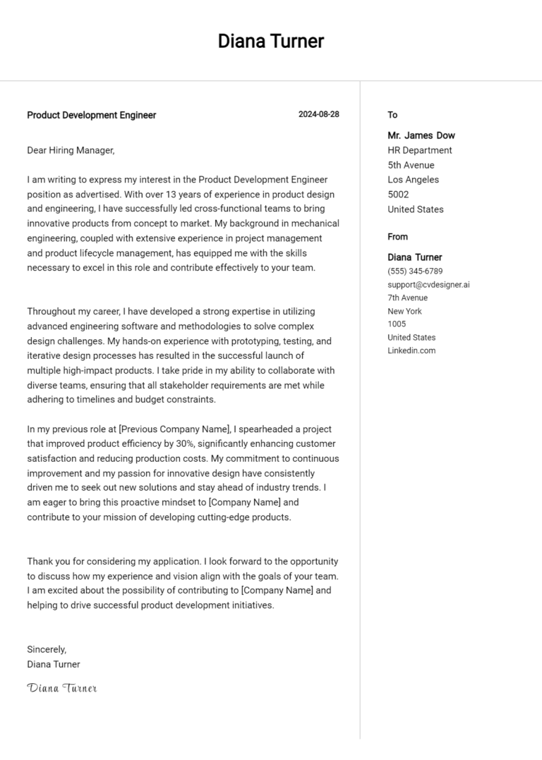 Product Development Engineer Cover Letter Samples & Examples 2025