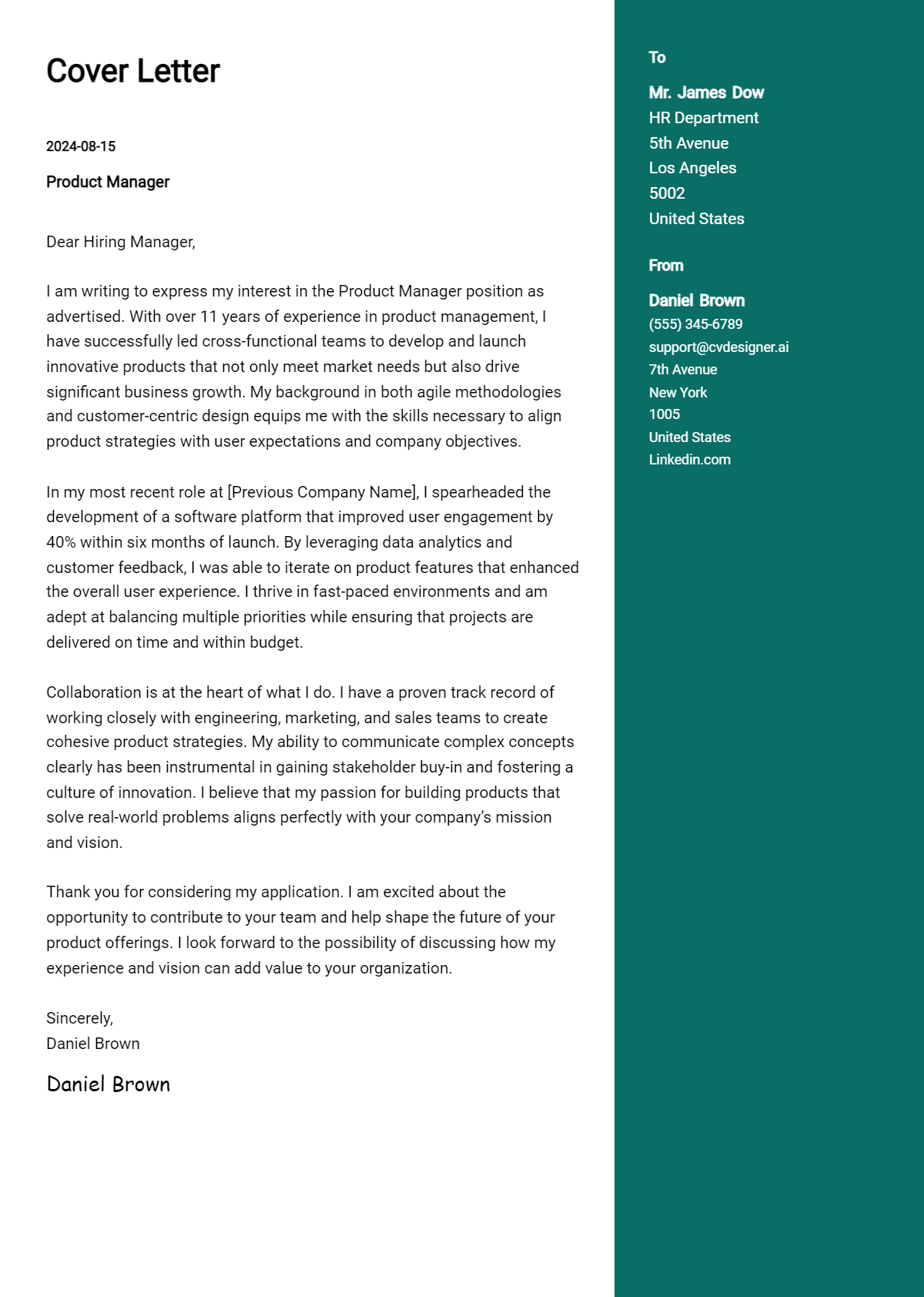 product manager cover letter example