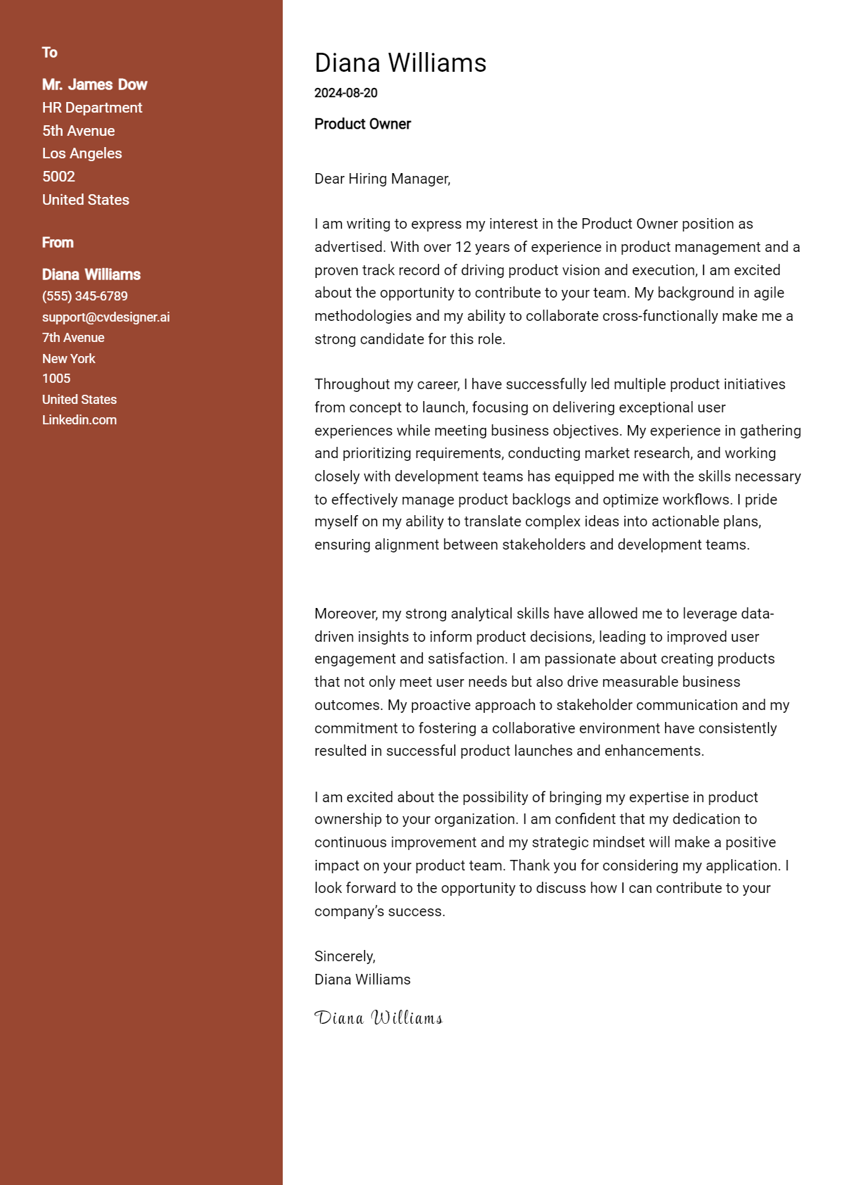 product owner cover letter example