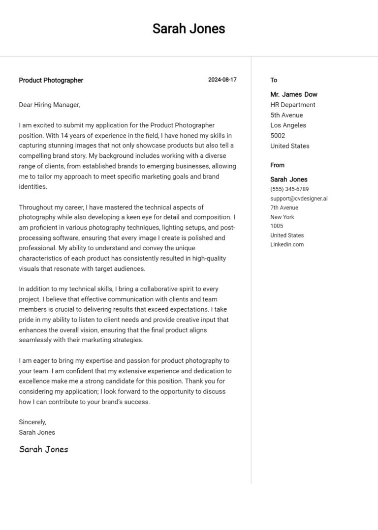 Product Photographer Cover Letter Example for 2025: Top CV Skills
