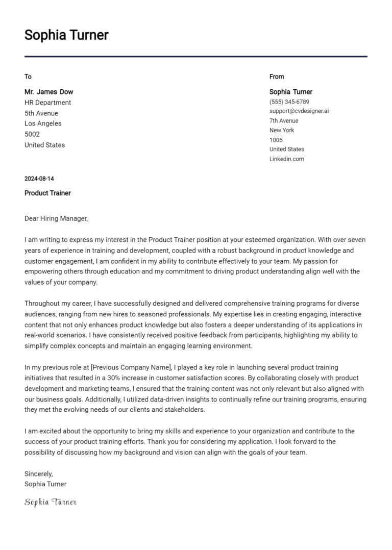 10 Product Trainer Cover Letter Examples for 2025 (Writing Guide)