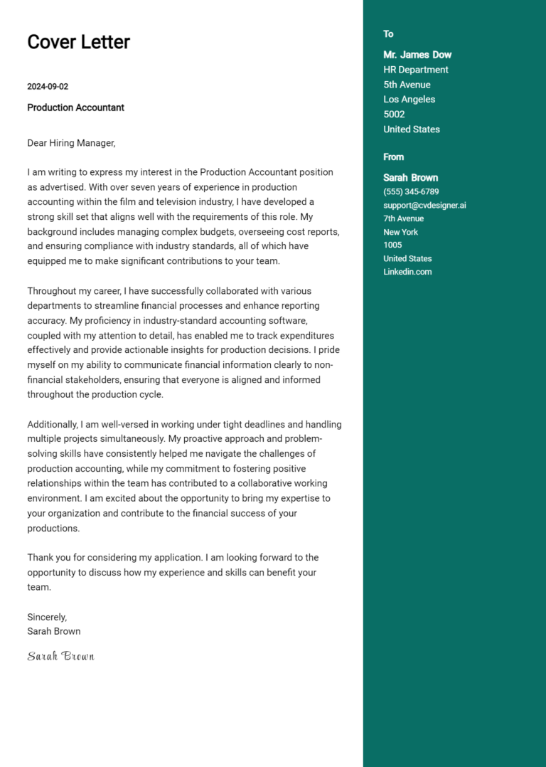 Production Accountant Cover Letter Example for 2025: Ultimate Guide