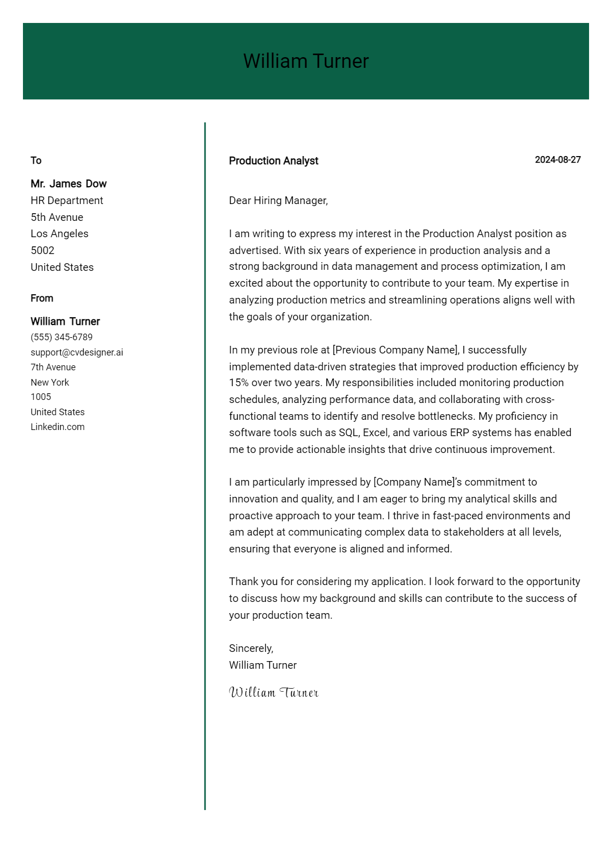 production analyst cover letter example