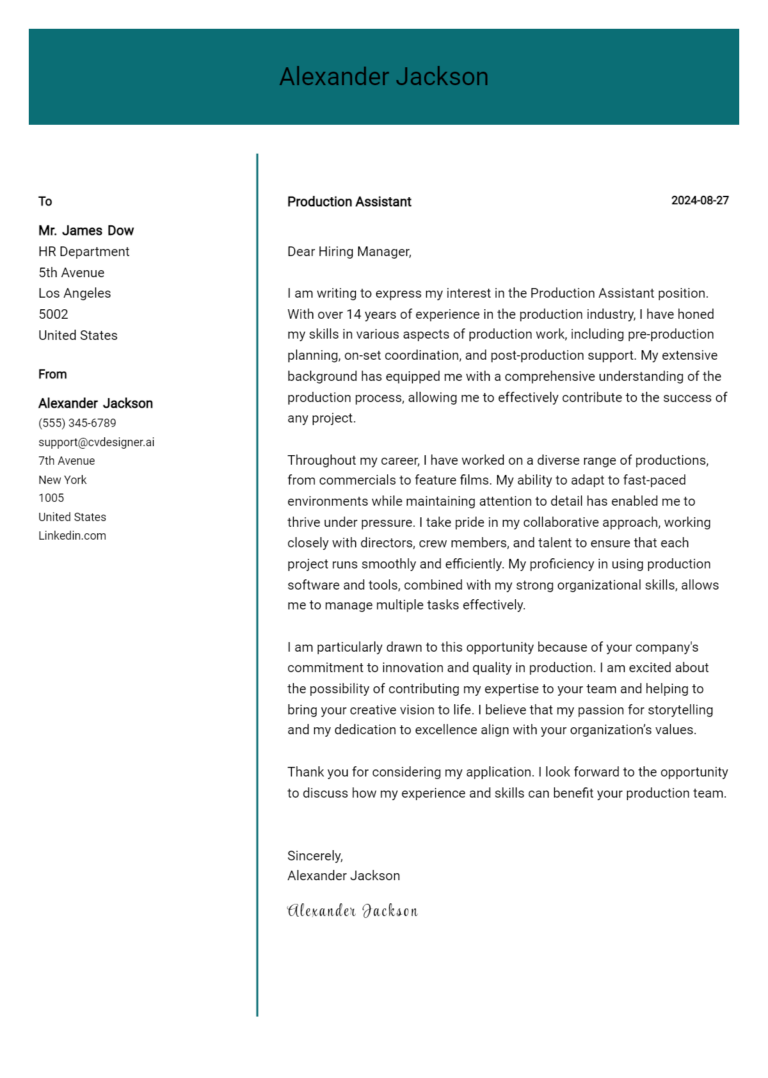 Production Assistant Cover Letter Example for 2025 (Complete Writing Guide) 1 Production Assistant Cover Letter Example for 2025 (Complete Writing Guide)