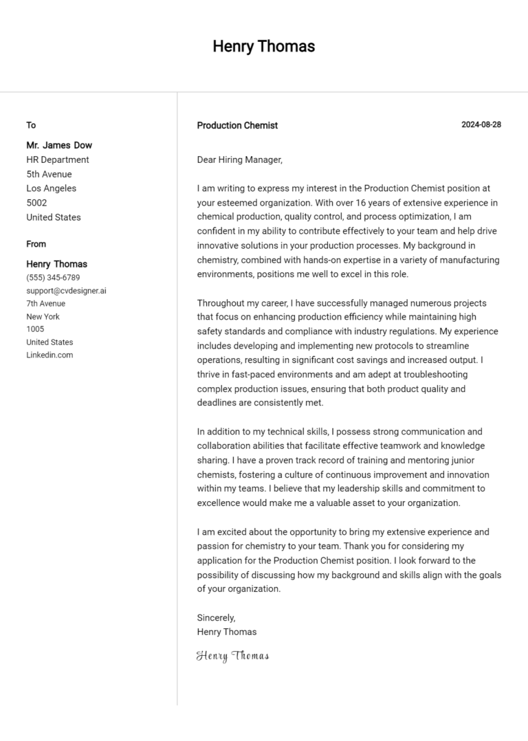 Production Chemist Cover Letter Examples & Samples for 2025