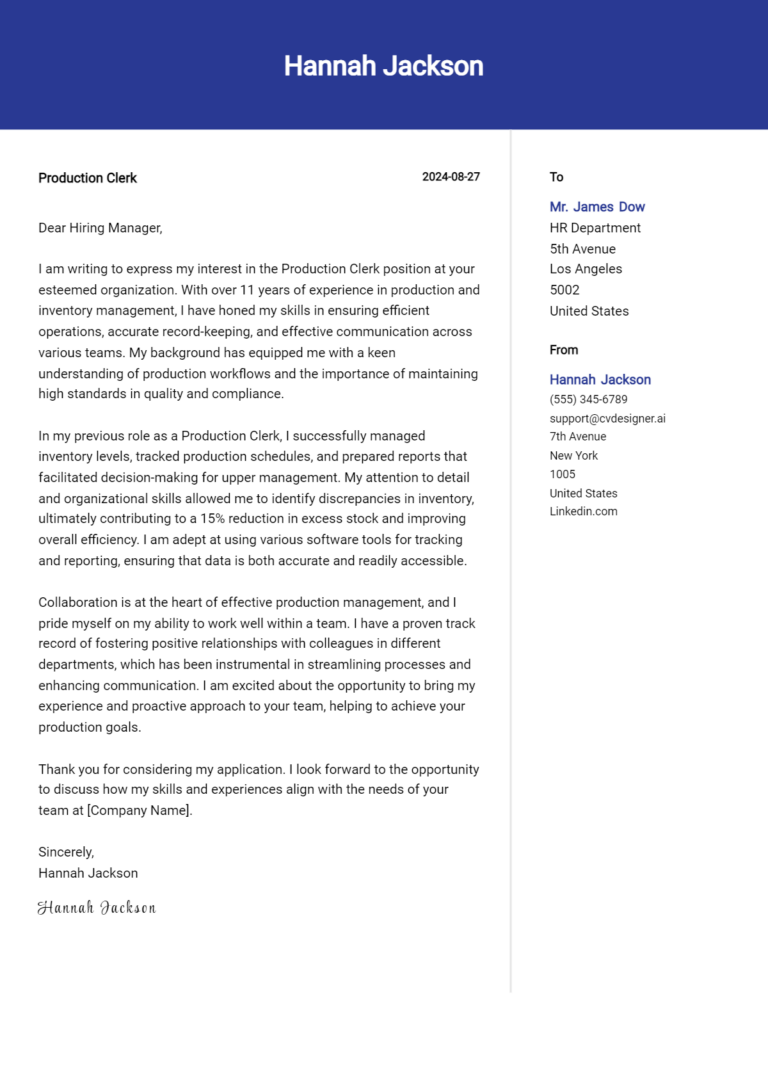 Production Clerk Cover Letter Example for 2025: Free Templates