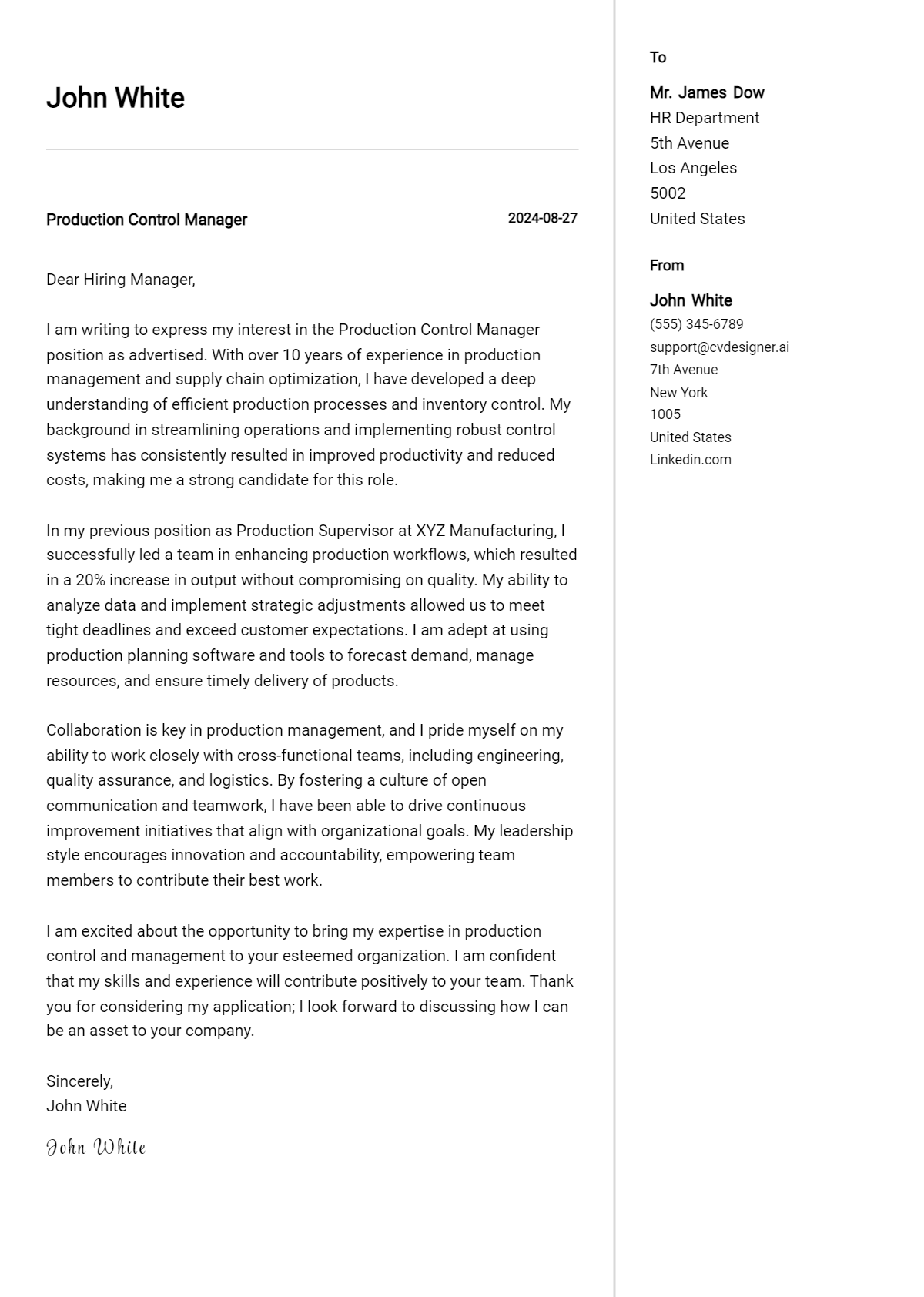 production control manager cover letter example