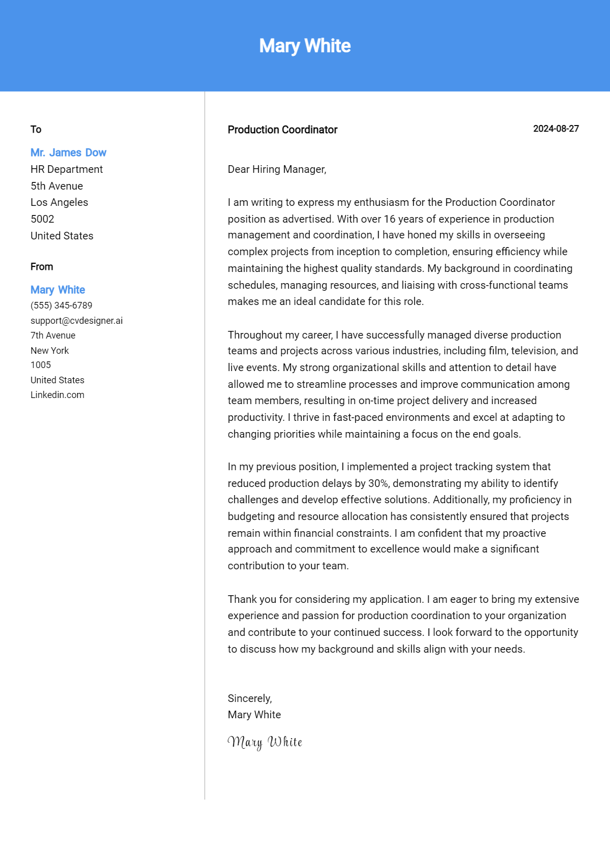 production coordinator cover letter example