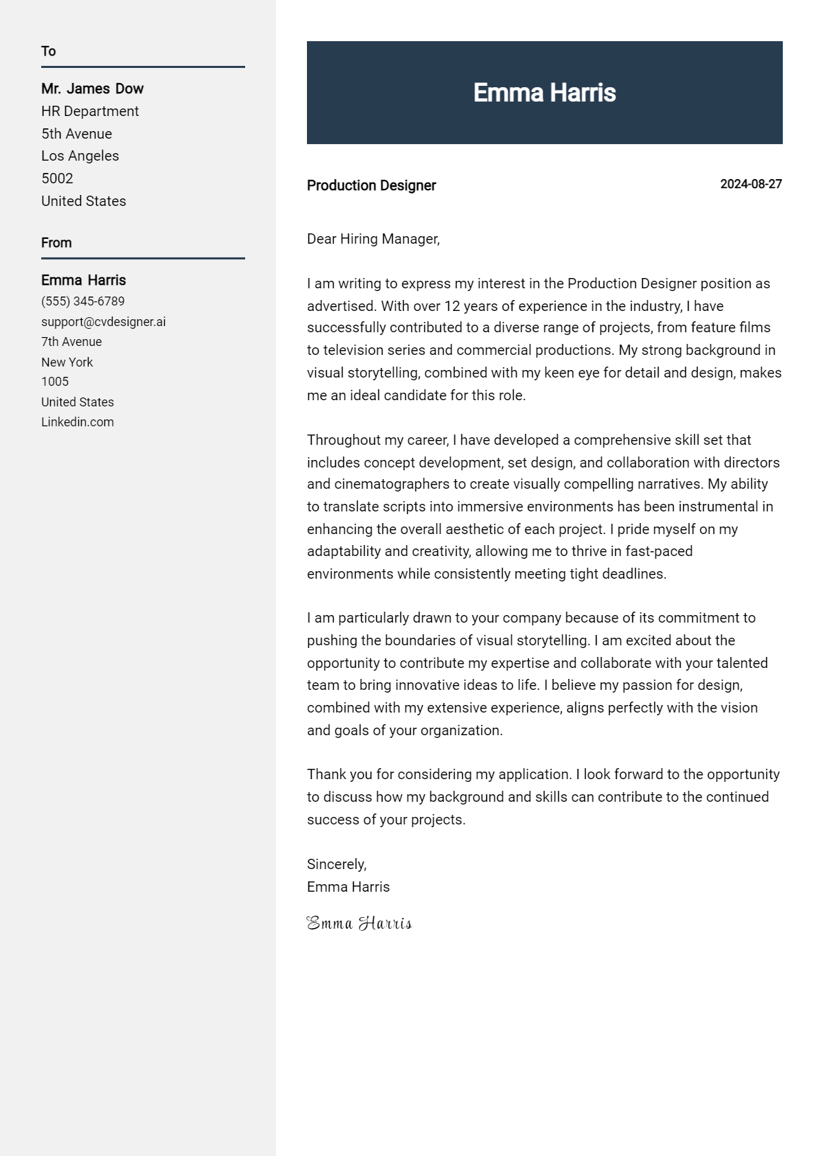 production designer cover letter example