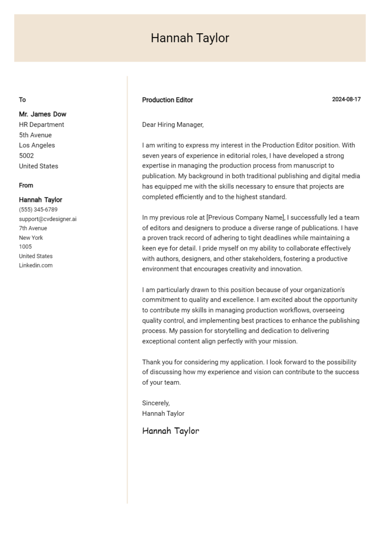 Production Editor Cover Letter Example for 2025: Top CV Skills