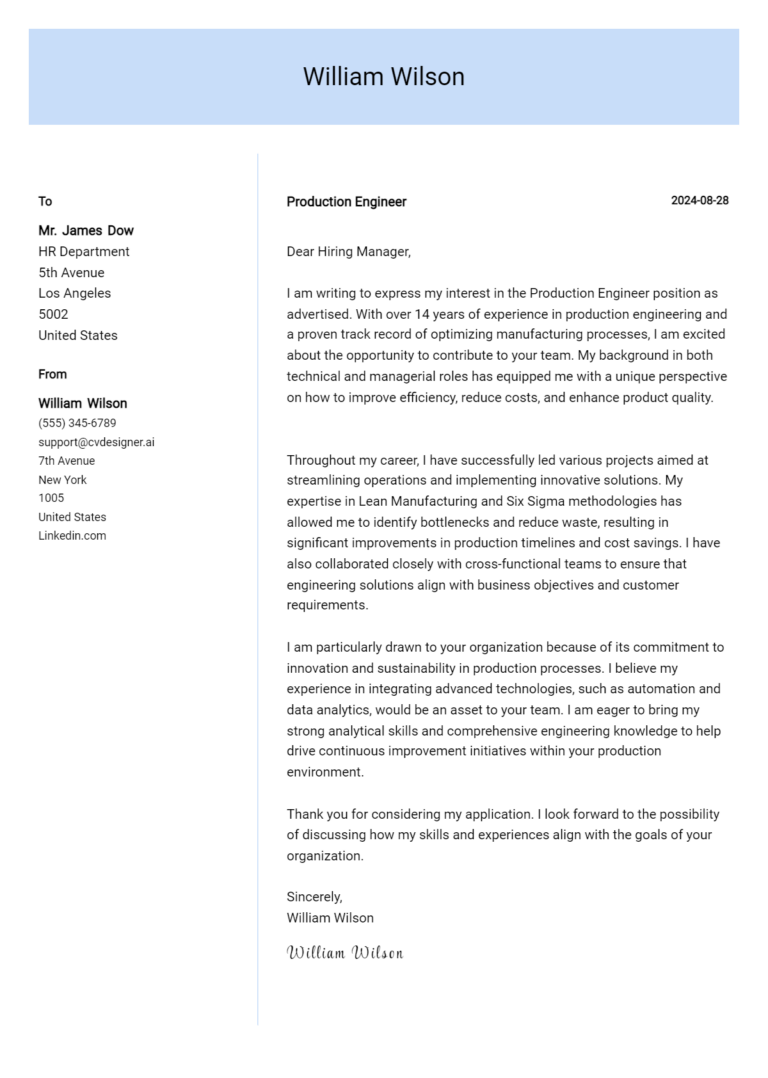 Production Engineer Cover Letter Example for 2025: Free Templates