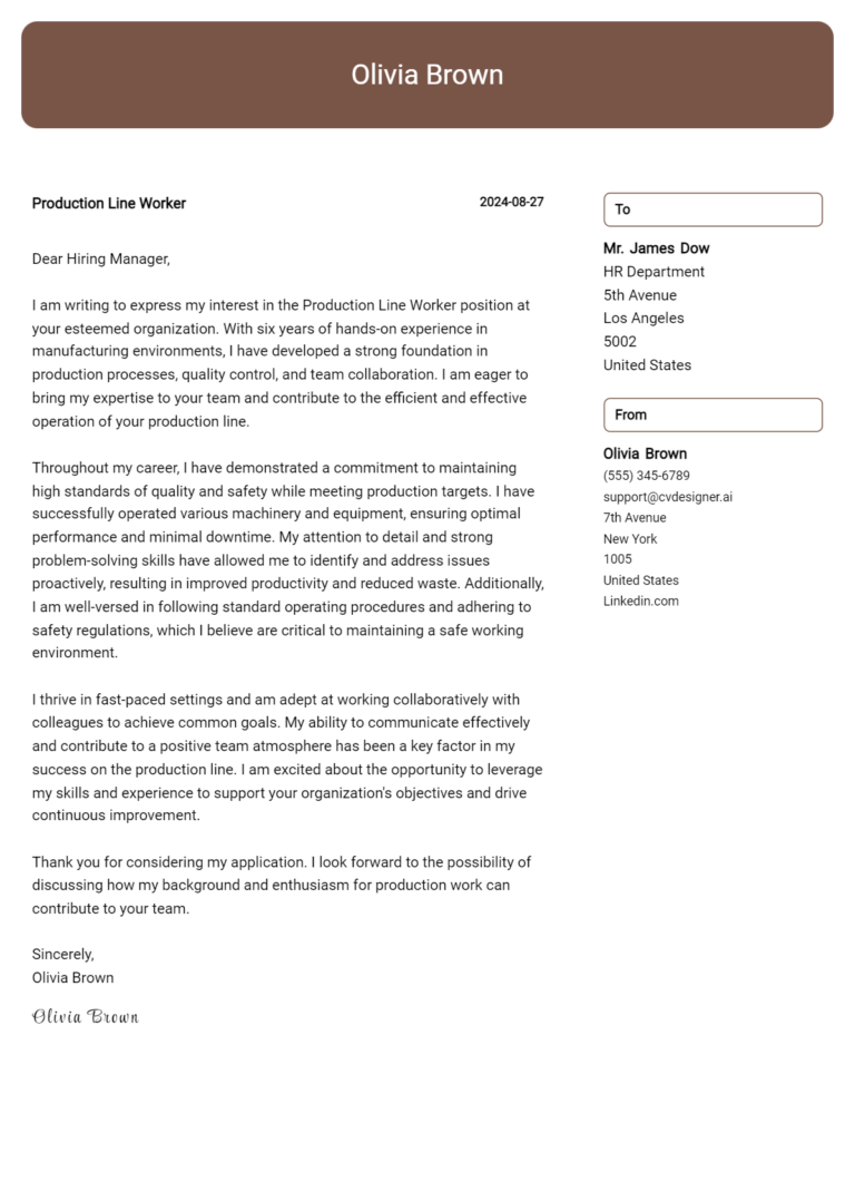 21 Production Line Worker Cover Letter Examples and Templates for 2025