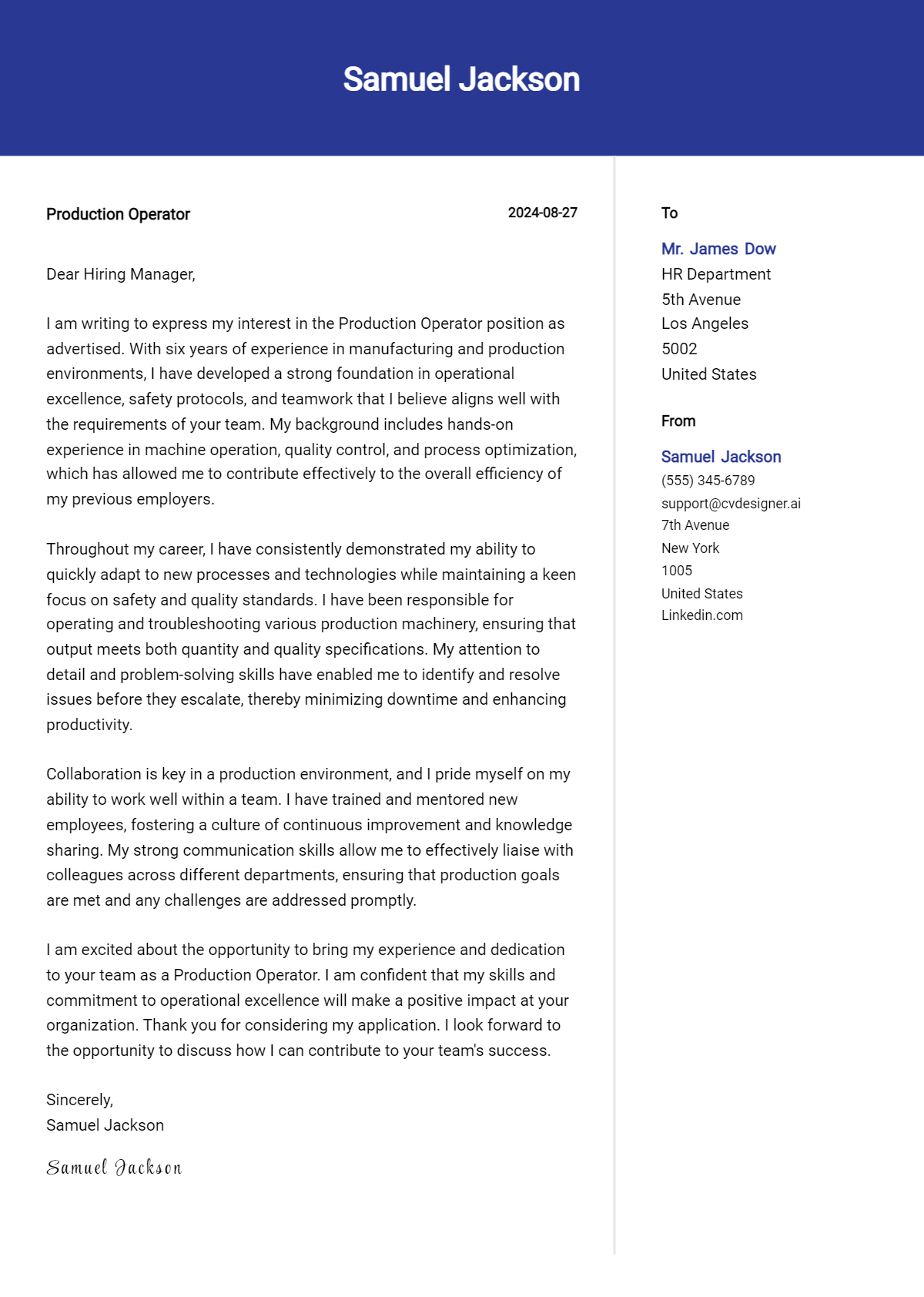 production operator cover letter example