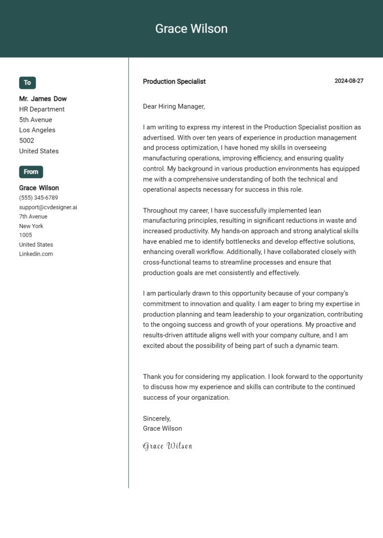 Production Specialist Cover Letter Examples & Samples for 2025