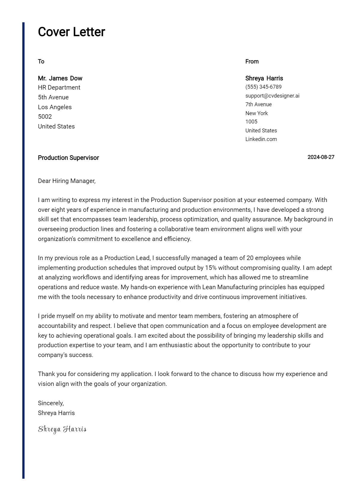 production supervisor cover letter example