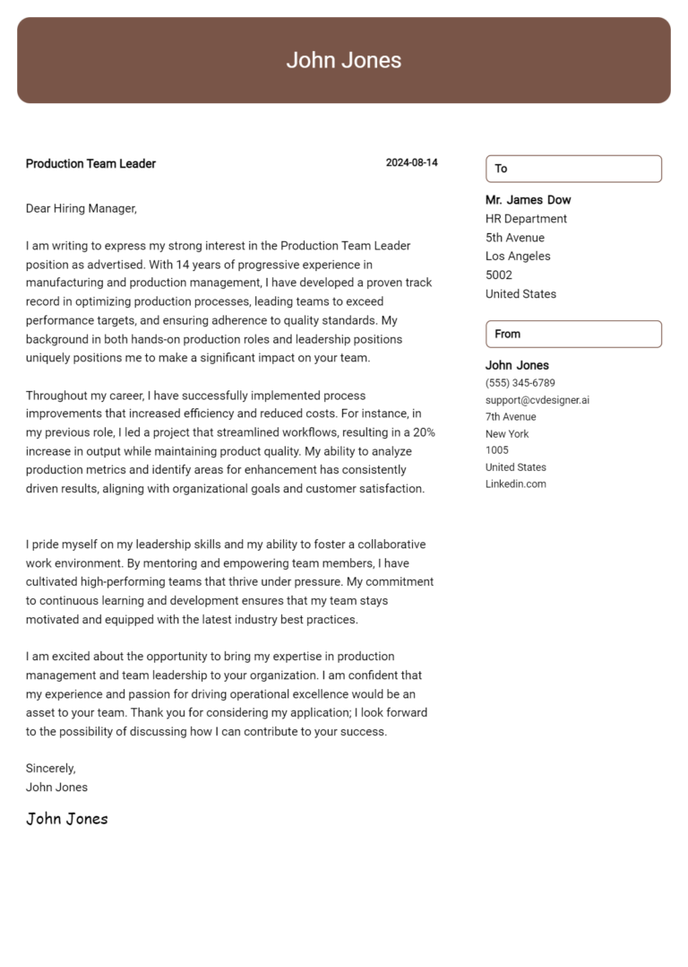 Production Team Leader Cover Letter Example for 2025: Free Templates