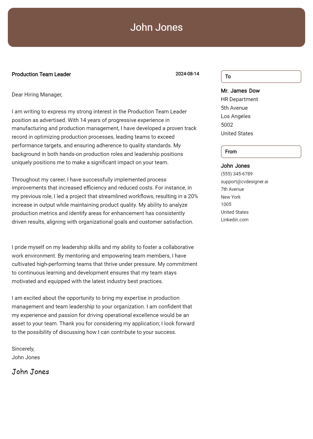 production team leader cover letter example