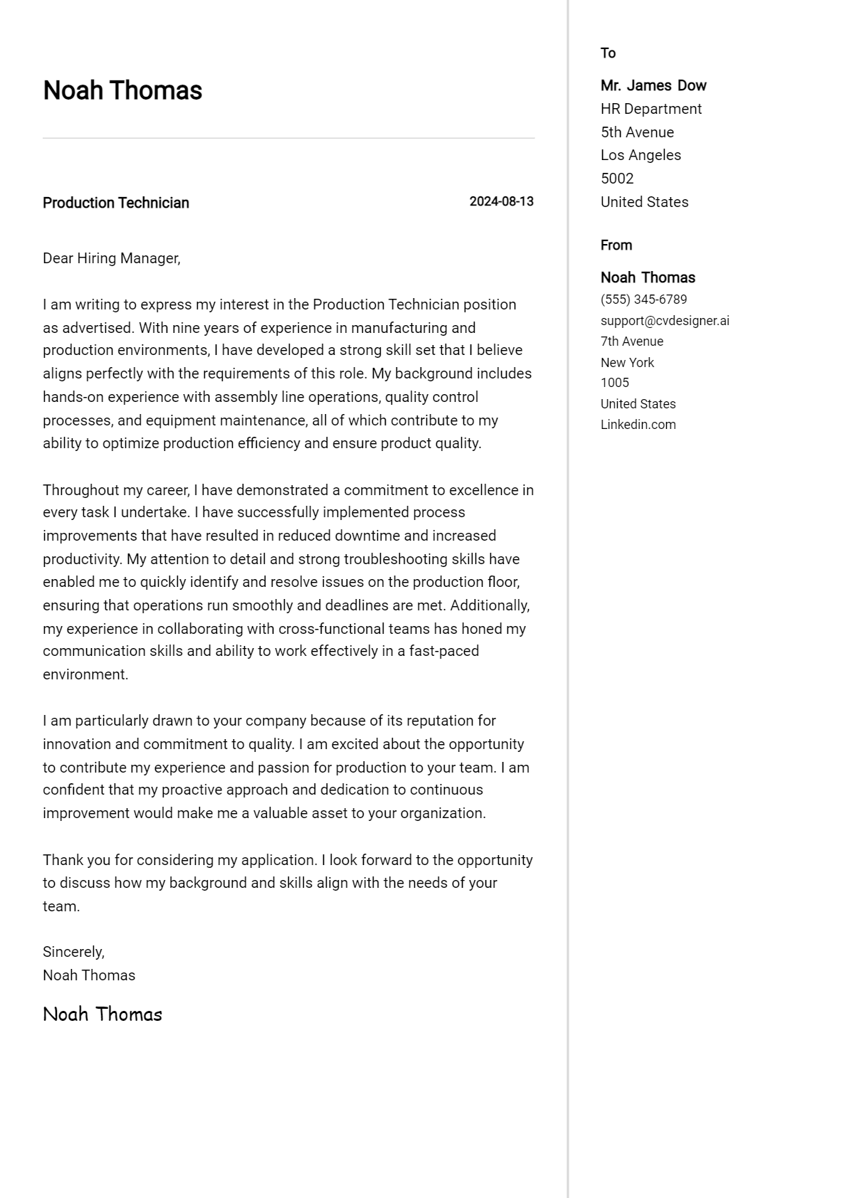 production technician cover letter example