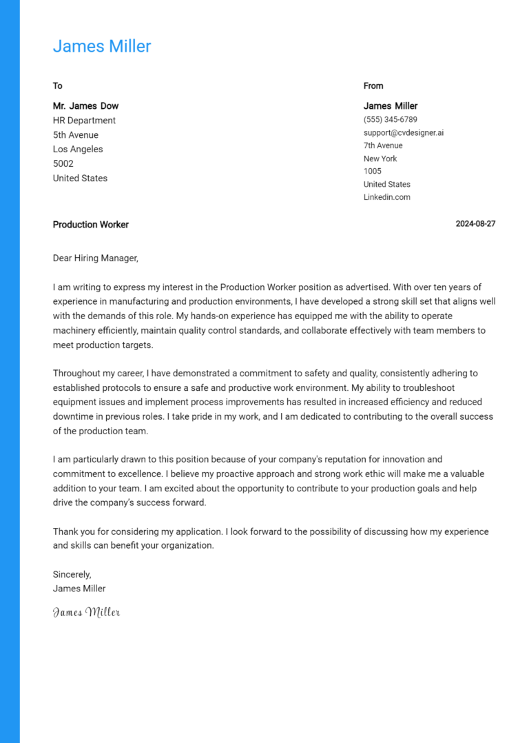 16 Production Worker Cover Letter Examples for 2025: Free Templates