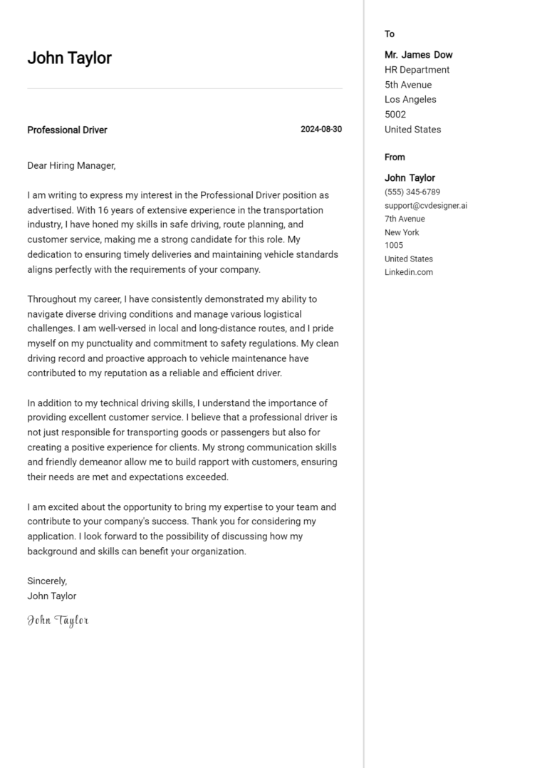 Professional Driver Cover Letter Example for 2025: Expert Tips & Templates