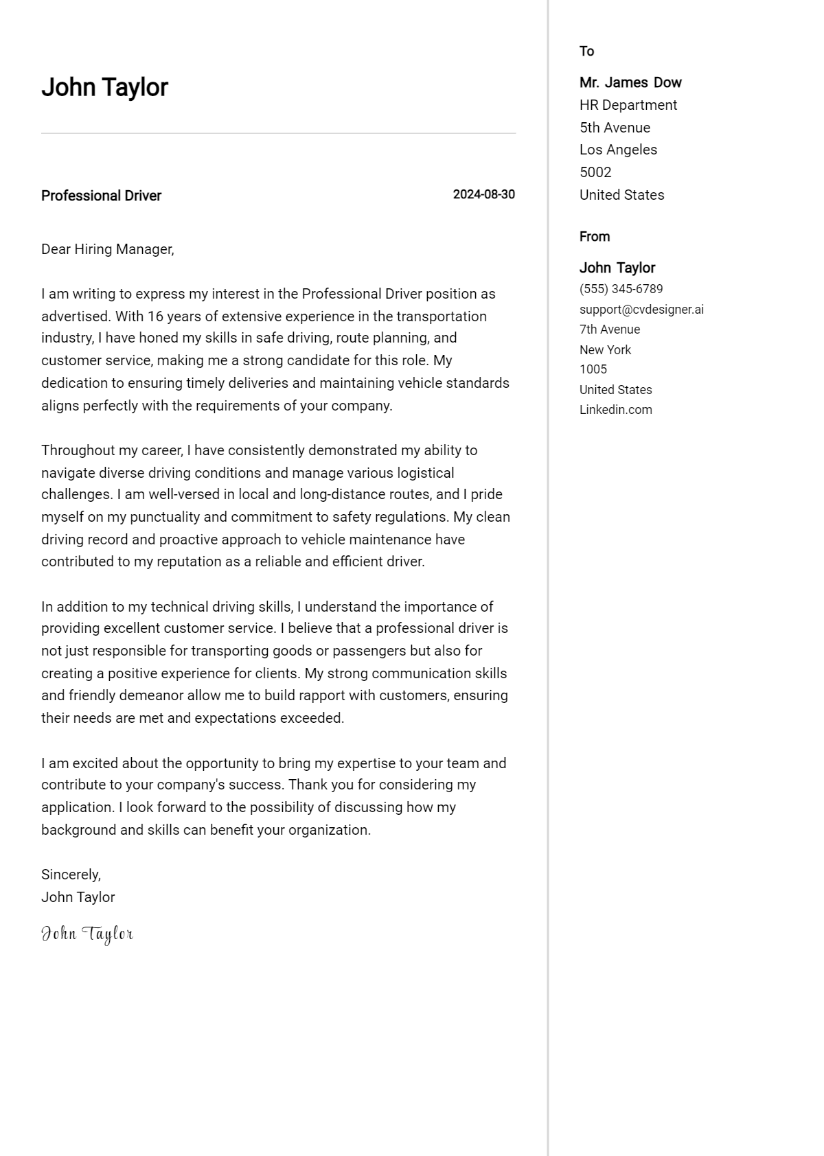 professional driver cover letter example