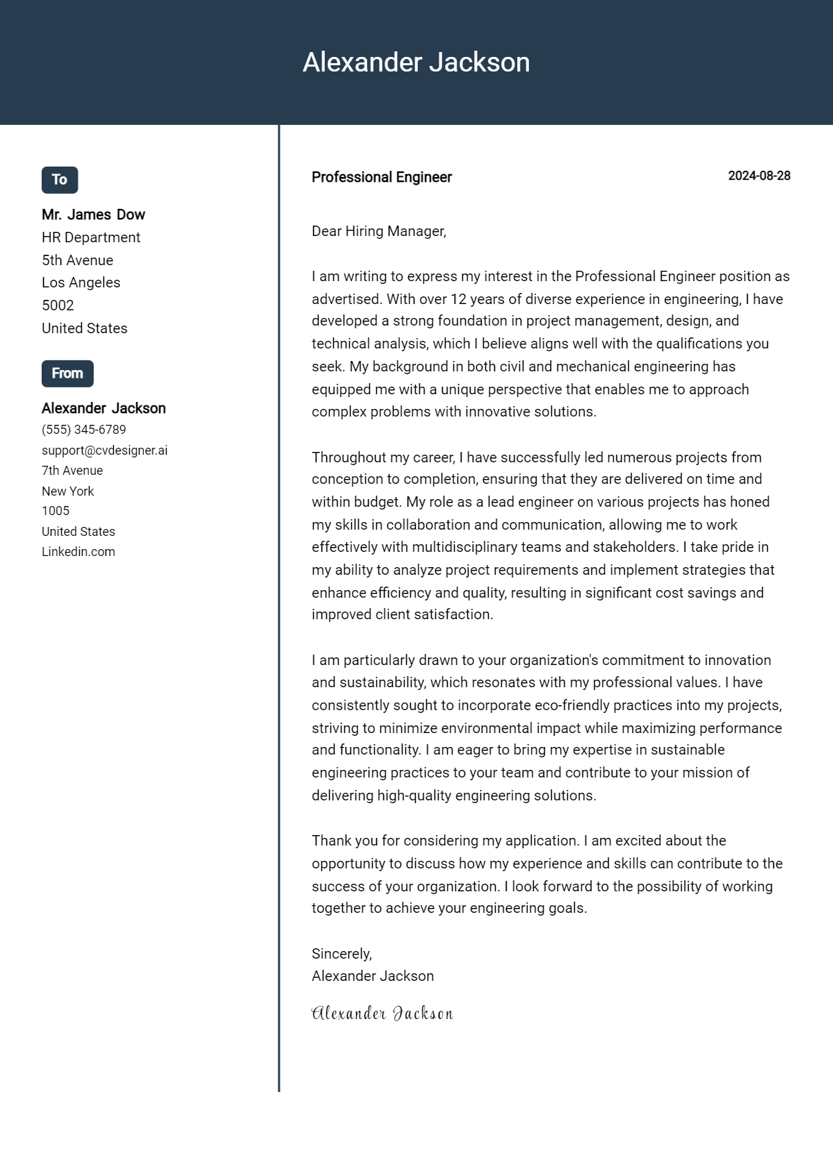 professional engineer cover letter example