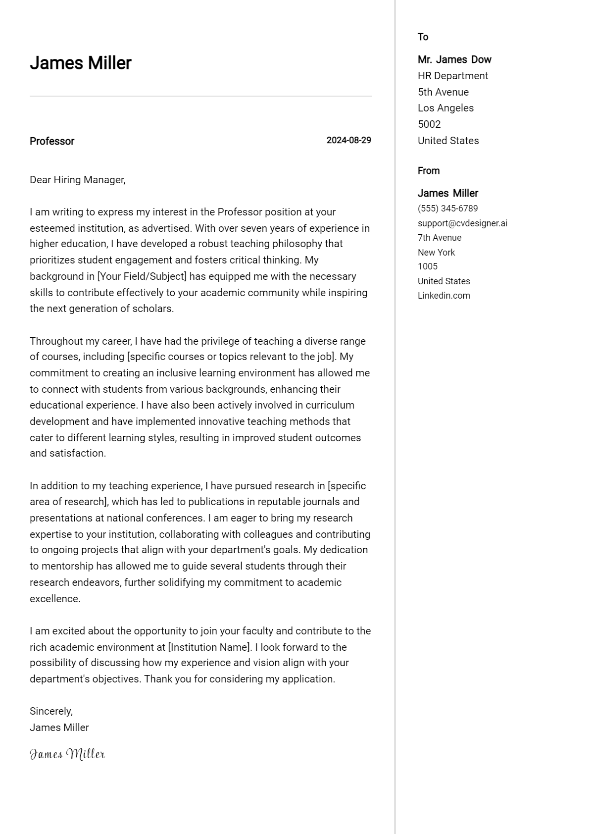 professor cover letter example