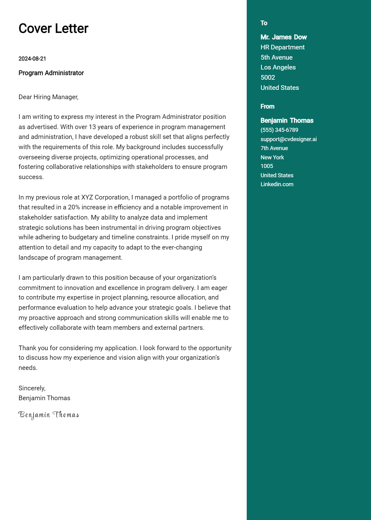 program administrator cover letter example