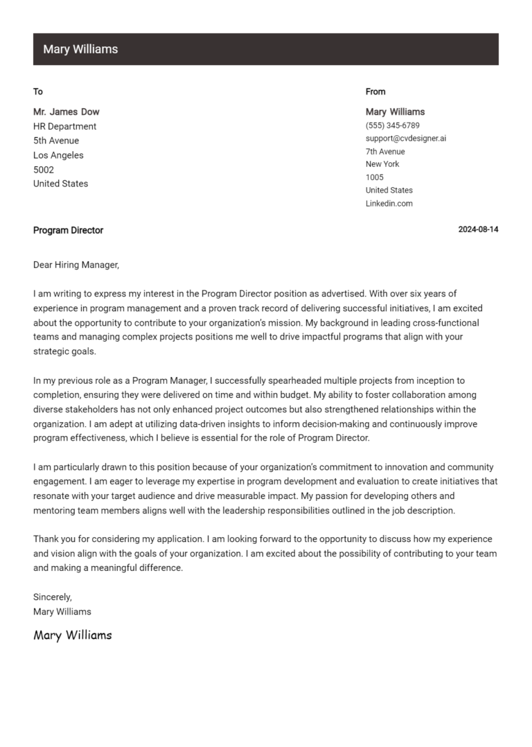 17 Program Director Cover Letter Examples & Samples for 2025