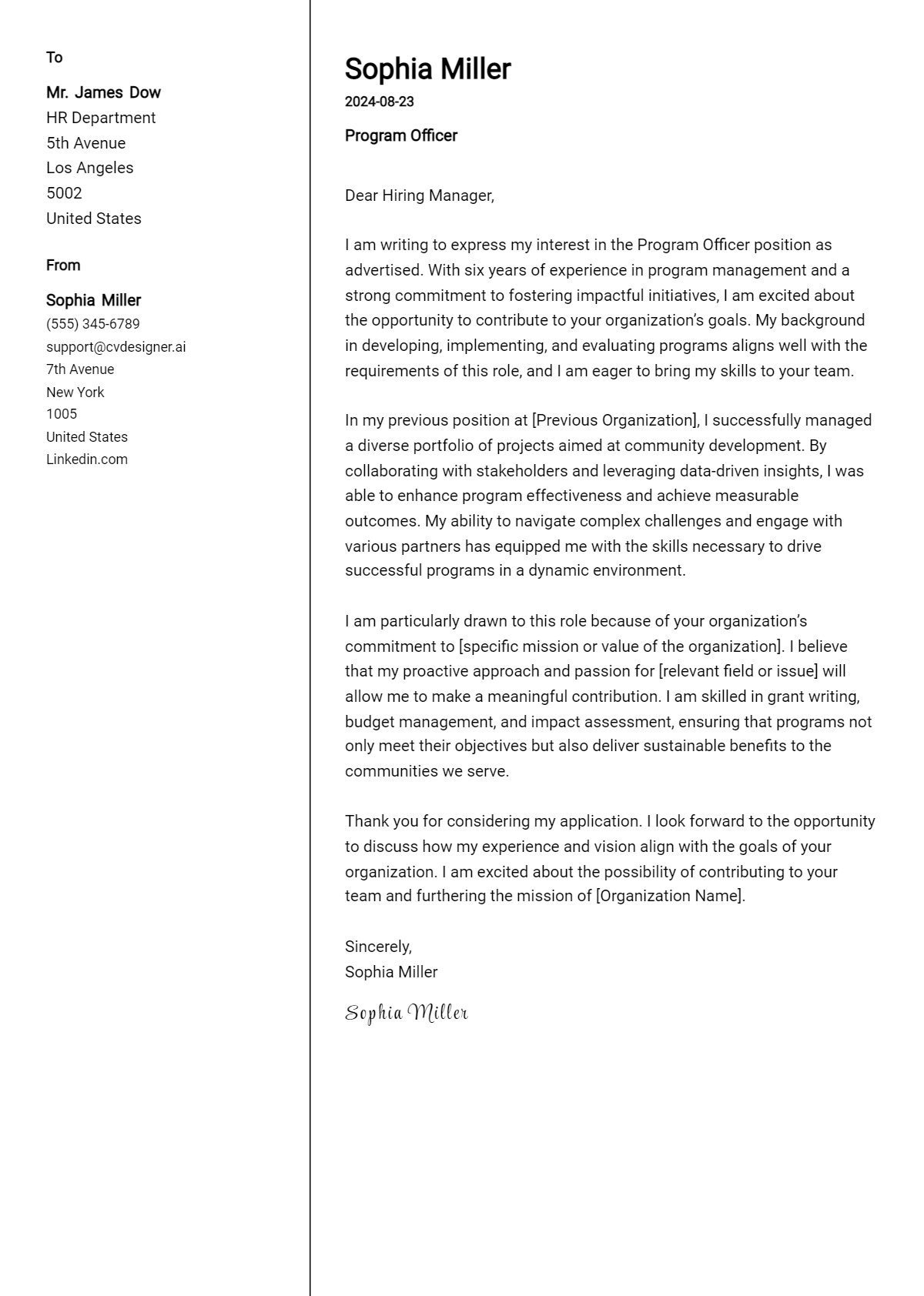 program officer cover letter example