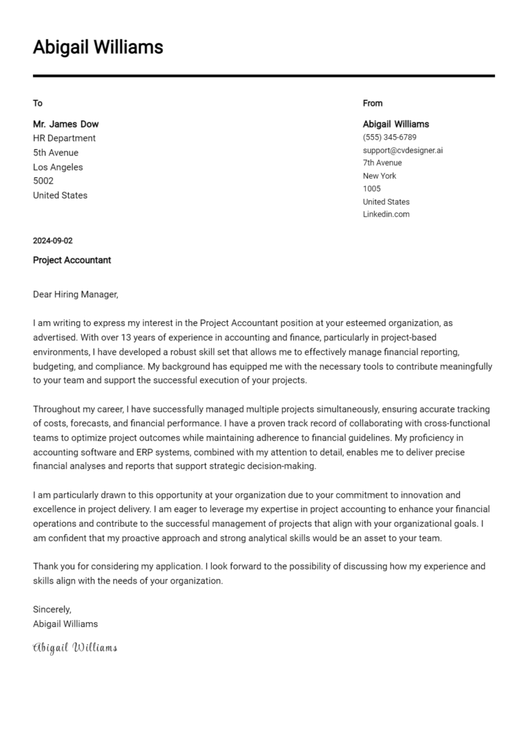 Project Accountant Cover Letter Example for 2025: Tips & Templates