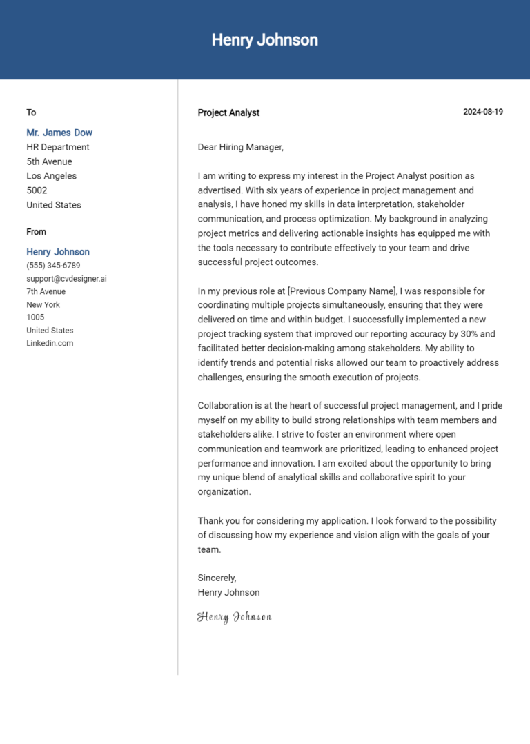 Project Analyst Cover Letter Examples with Writing Tips for 2025