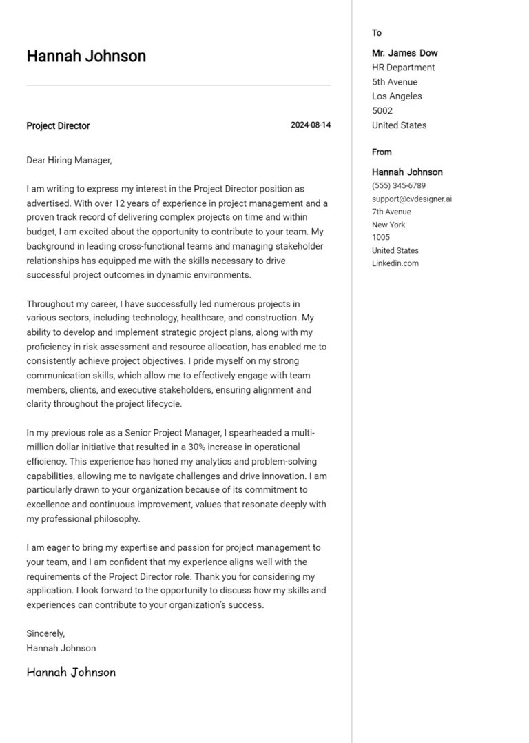 Project Director Cover Letter Samples & Examples 2025