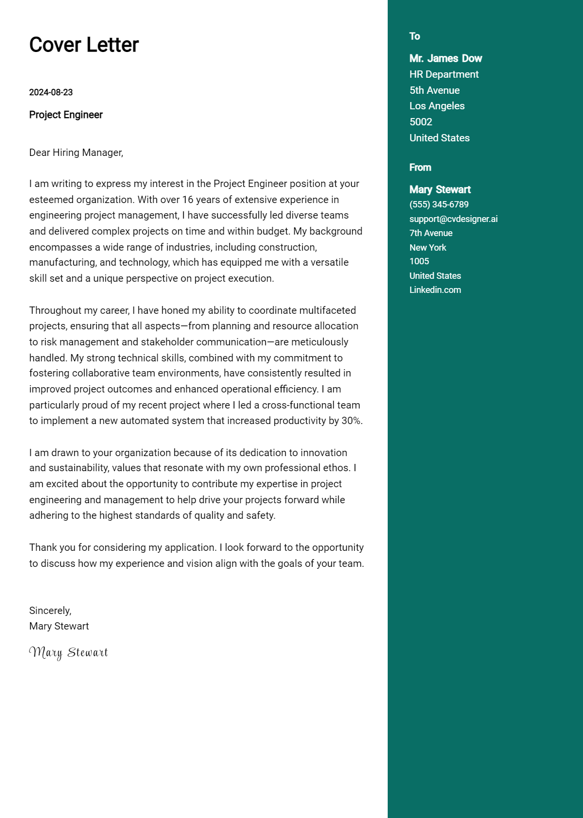 project engineer cover letter example