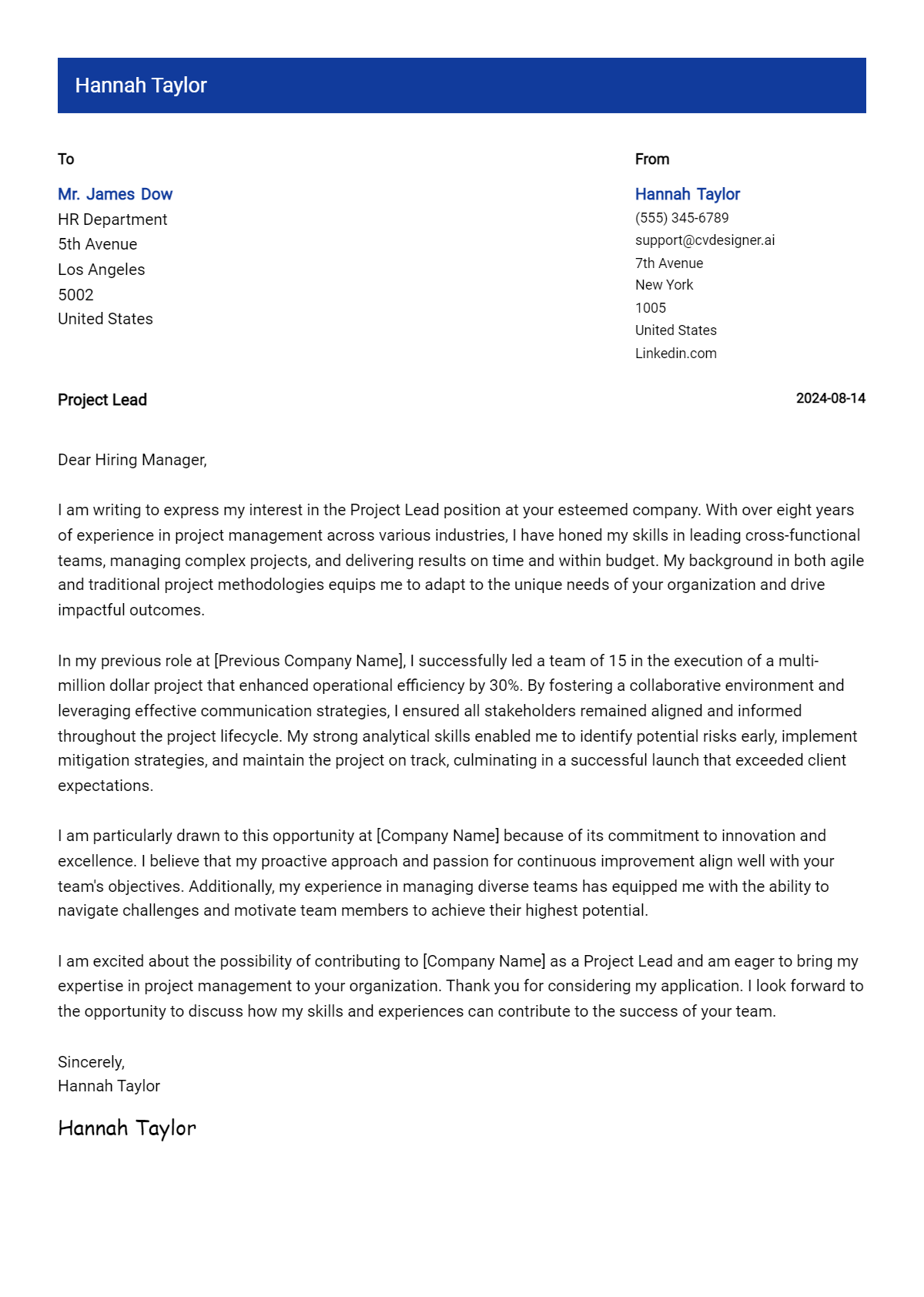project lead cover letter example