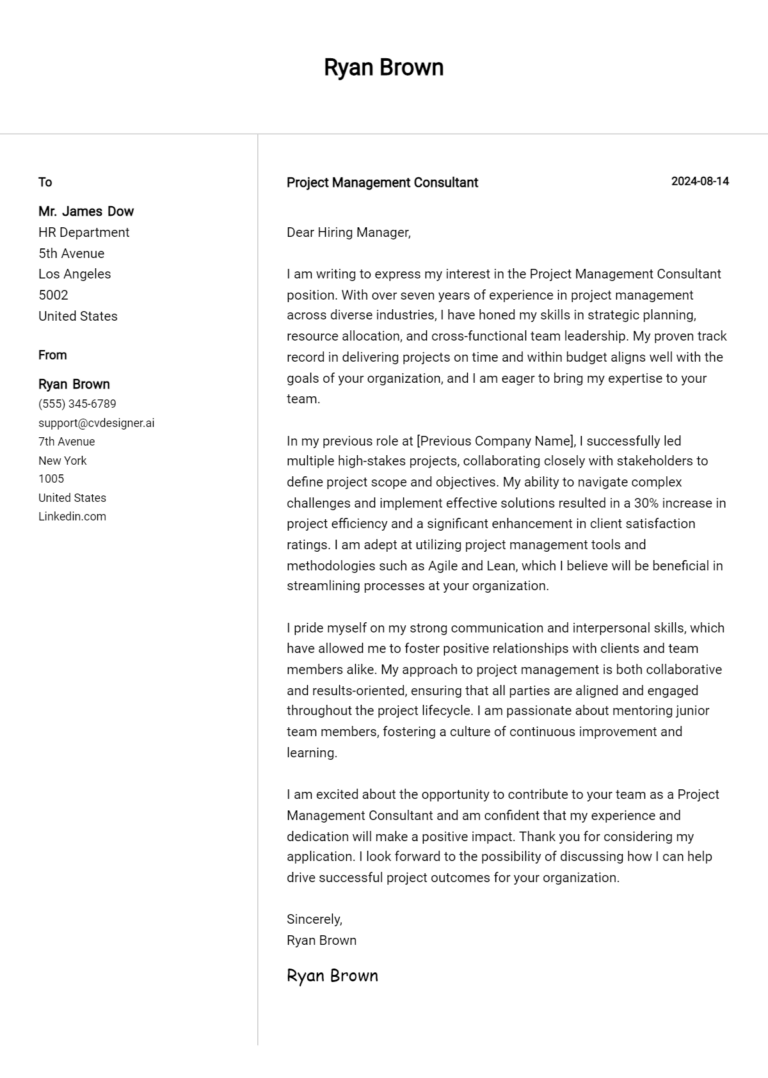 12 Project Management Consultant Cover Letter Examples for 2025: Ultimate Guide 1 12 Project Management Consultant Cover Letter Examples for 2025: Ultimate Guide