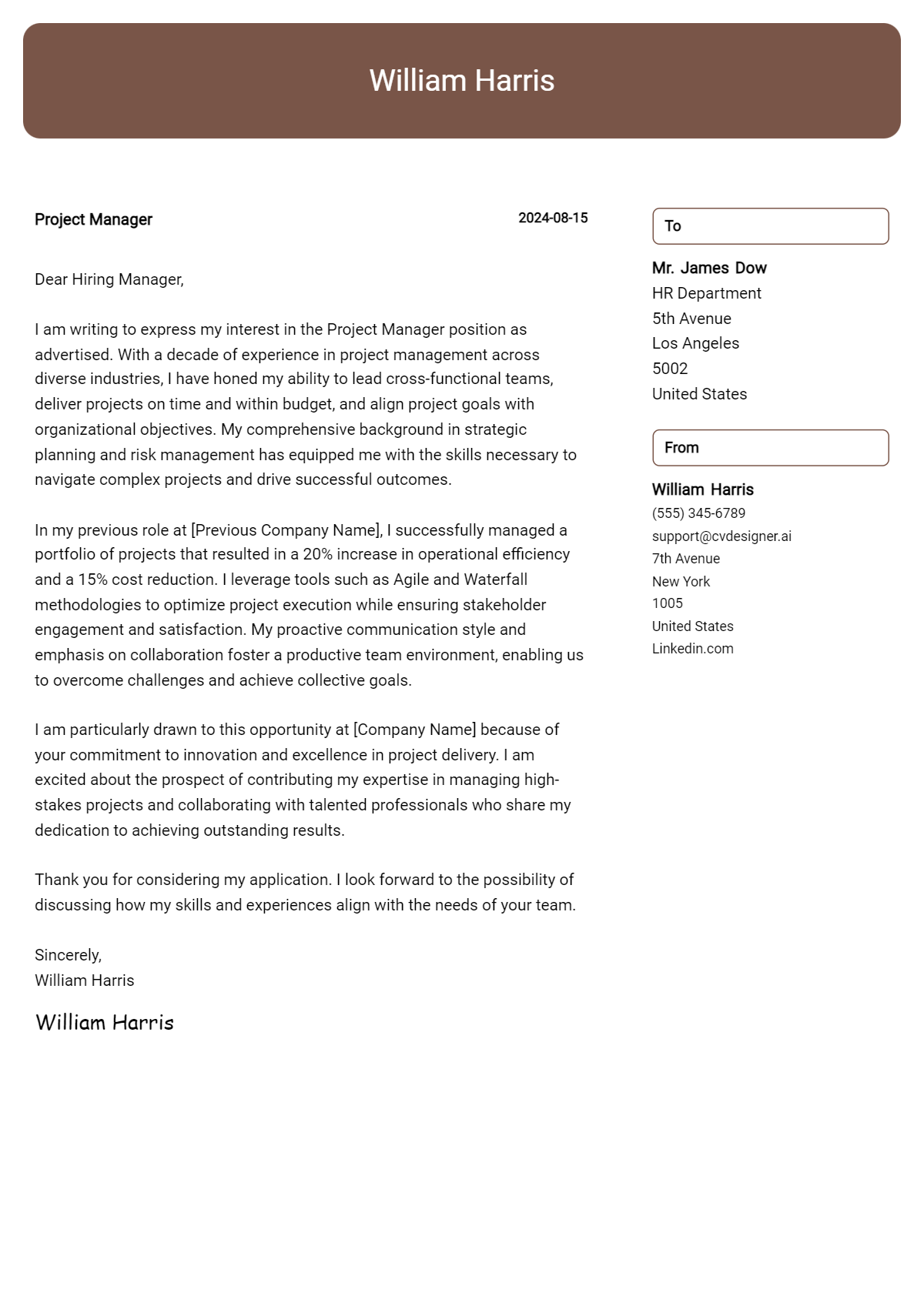 project manager cover letter example