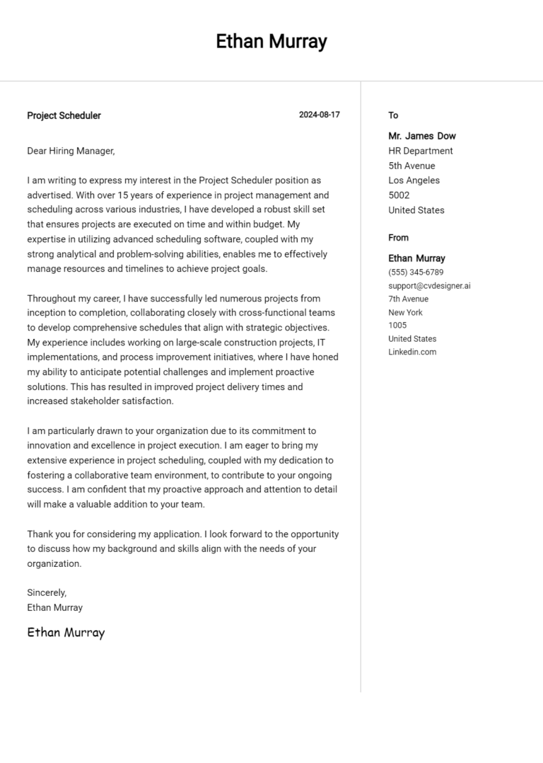 Project Scheduler Cover Letter Example for 2025 (Complete Writing Guide)